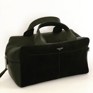 T Tahari Satchel Leather Boxy Black Suede Modern Handbag Purse